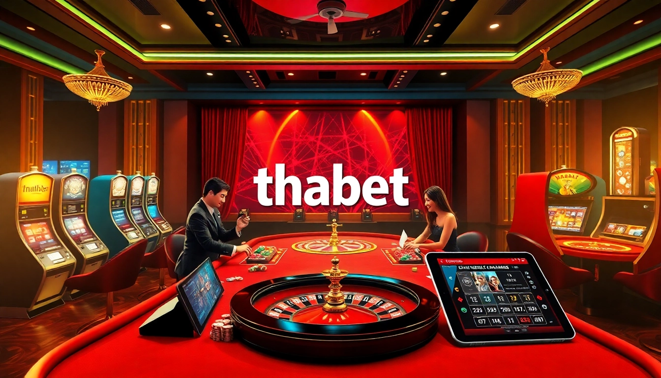 Experience the excitement of gambling at thabet.com with a glamorous casino scene featuring engaging games.