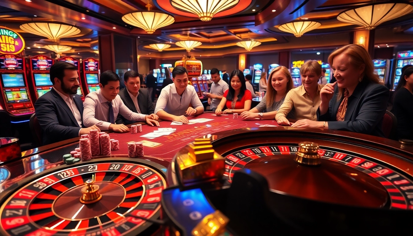 A vibrant King79 casino scene showcasing players engaged in poker and roulette with lively camaraderie and excitement.